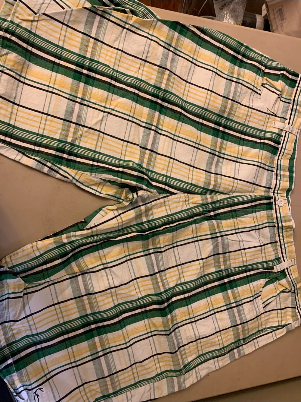 Men's Plaid Flat Front Shorts - Green, Yellow & White